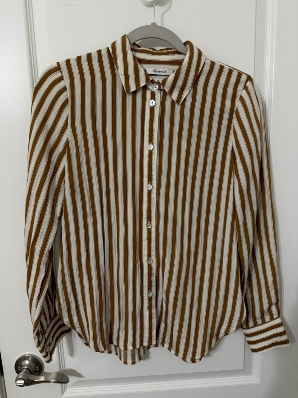 Madewell Tan and White Vertical Stripe Relaxed Shirt